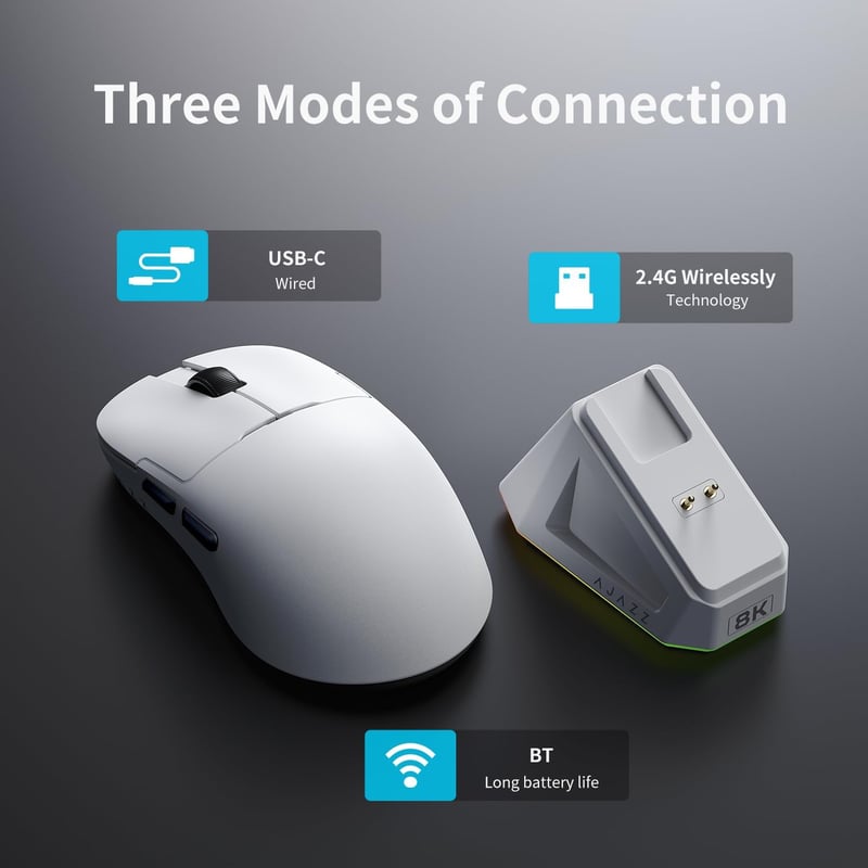 AJAZZ AJ159PRO Gaming Egér PAW3395 Szenzorral, Mágneses Töltővel, Vezeték Nélküli, Ergonomikus, 26K DPI, 8K Válaszidő, 400 mAh Akkumulátor, 
