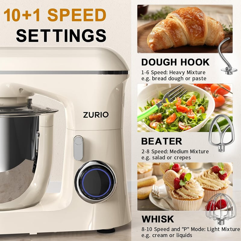zurio Konyhai Robotgép 1300W - 5,5L Dagasztógép 10 Sebességgel, Csendes Kelesztő Funkcióval, Bolygómozgású Keverővel, Krémszínű