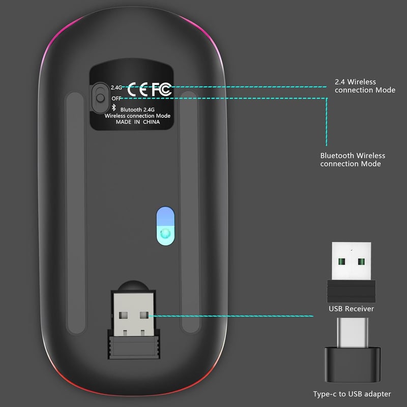 Vezeték Nélküli RGB Gamer Egér Bluetooth-szal és USB-C Adapterrel