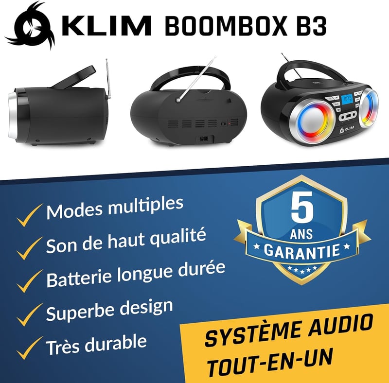 KLIM Boombox B3 Hordozható CD Lejátszó FM Rádióval - Bluetooth, USB, AUX Csatlakozás, RGB LED Világítás, Újratölthető Akkumulátor, Digitális