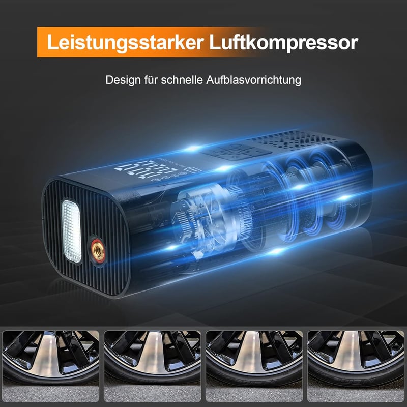 SHTALHST Elektromos Pumpa 6000 mAh Akkumulátorral - 150 PSI Kompresszor LCD Kijelzővel Kerékpárhoz, Motorhoz, Autóhoz - Zseblámpa és Powerba