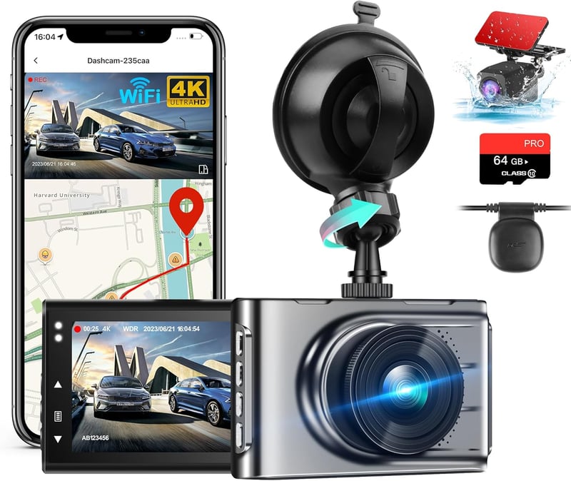 Jansite 4K WiFi Autós Fedélzeti Kamera Első-Hátsó Kamerával, GPS, 64GB SD Kártya, 170° Látószög, Éjjellátó, WDR, Parkolási Mód, Type-C