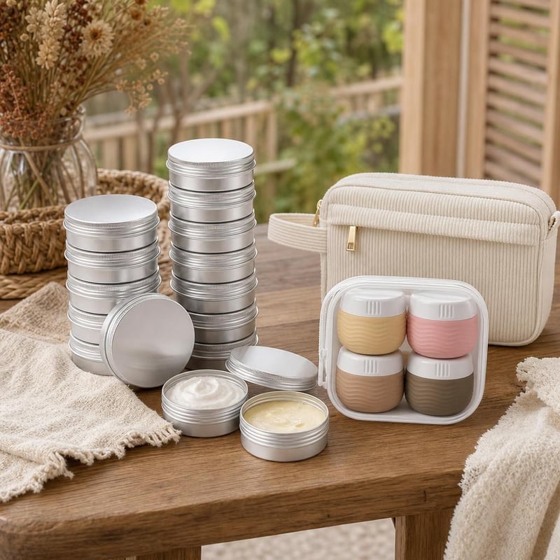 Set za kozmetiku: 38 metalnih posudica (12x100/12x80/14x60 ml) + 4 posudice za uzorke + baršunasta torbica
