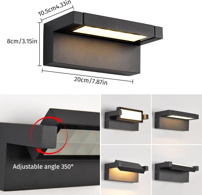 KUKAK Kültéri-Beltéri LED Fali Lámpa 22W - IP65 Vízálló, 3000K Meleg Fehér, 350° Forgatható Panel, Alumínium, Fekete, Kerthez, Teraszhoz