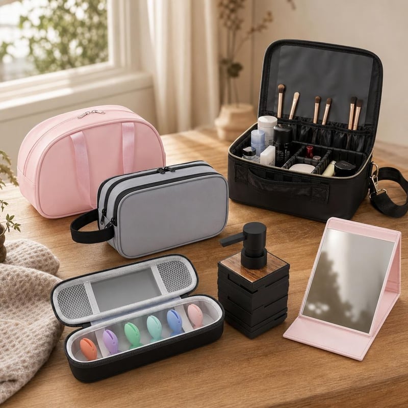 Set za organizaciju ljepote: kozmetička torbica + neseser + torbica za šminku + etui za četkicu + dozator