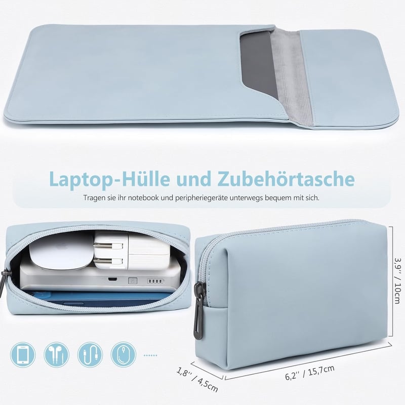 HYZUO Vízálló Laptop Tok 13/15/16 Colos Notebookhoz - Halványkék Védőtáska Kiegészítő Hordozótáskával