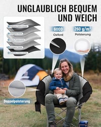 KingCamp Összecsukható Hold Alakú Kempingszék Háttámlával, Italtartóval és Hátsó Zsebbel - 150 kg Teherbírás, Fekete/Szürke 6