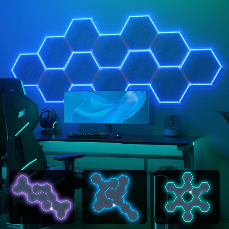 TONOR RGB Akusztikai Panel Szett 12db - 32x28x1,2cm Öntapadós Hangszigetelő Lapok Applikációval Vezérelhető Világítással - Stúdió, Podcast, 