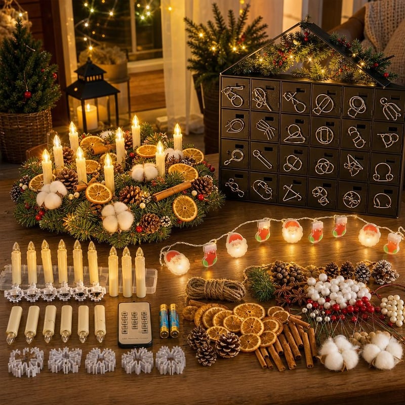 Adventi kuckóvarázs: 20 db LED-gyertya + 206 db koszorúdísz + időzítős fényfüzér + 24 db drótpuzzle