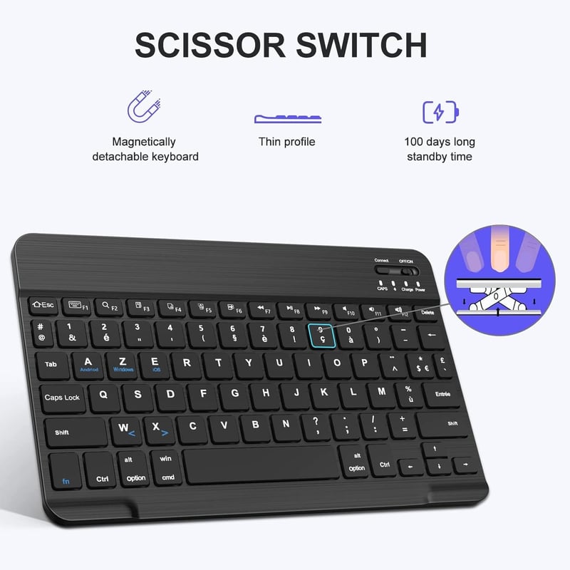 SENGBIRCH Bluetooth Billentyűzet iPad Air 5/4 és iPad Pro 11 Tablethez - Levehető, Védőtokkal, Francia Kiosztással, Pencil Tartóval, Fekete