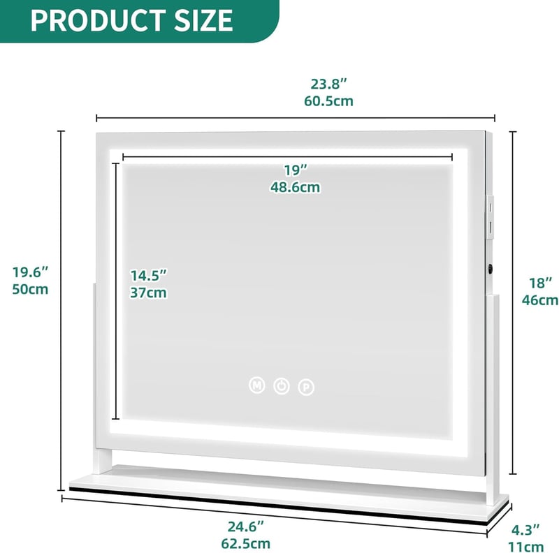 Sminktükör 50x62,5 cm LED Világítással - 3 Színhőmérsékletű Hollywood Tükör Érintésvezérléssel, 10X Nagyítással, USB 