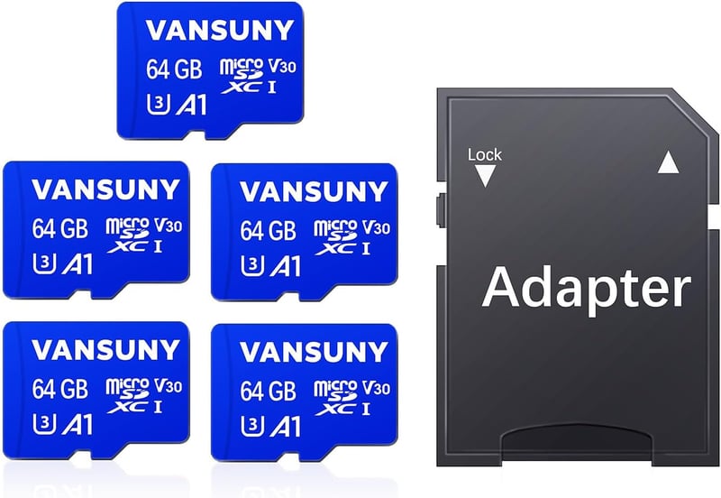 Vansuny 64GB Micro SD kártya 5 db-os csomag, 90 MB/s, 4K UHD, adapterrel