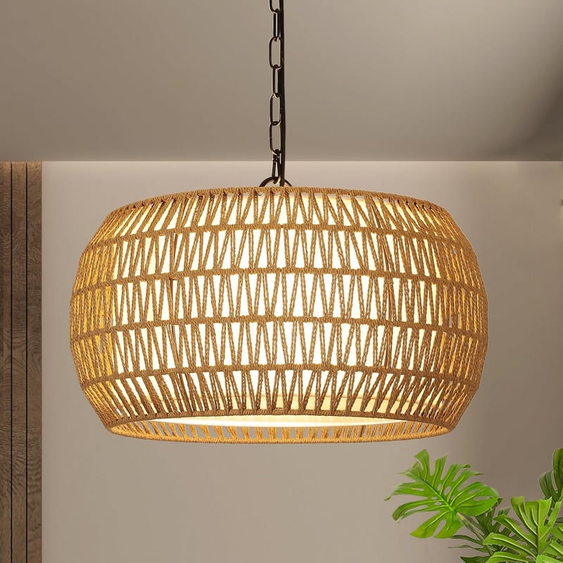 Rayofly Rattan Függőlámpa - 5 Izzós Nagy Méretű Boho Csillár Étkezőasztalhoz, Vintage Rattan Lámpaernyővel