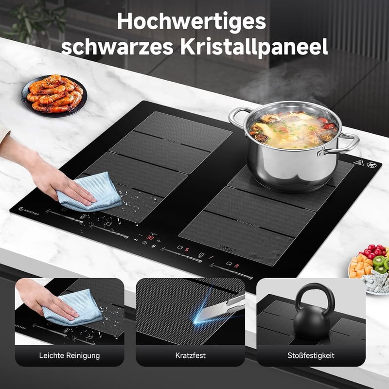 AMZCHEF 60 cm-es Indukciós Főzőlap 2 Flex Zónával, 4 Főzőmezős, 9 Teljesítményszint + Booster, BBQ és Melegen Tartó Funkcióval, 7400W