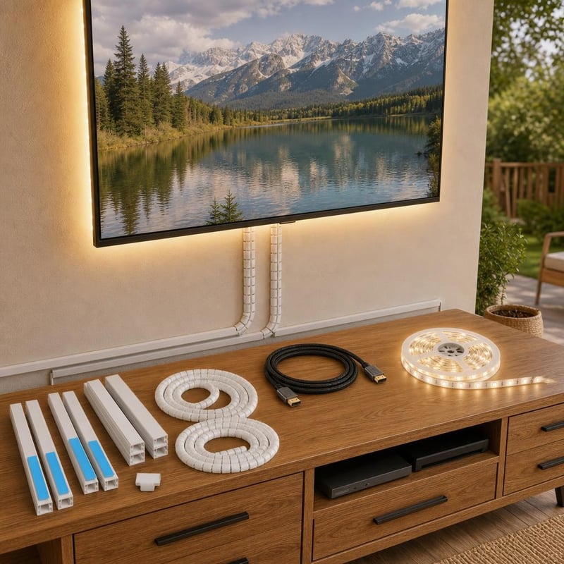Kábelmentő sarok: 10 db öntapadós csatorna + 2 db spirálrendező + 1,5 m HDMI-kábel + 6 m WiFi LED-szalag
