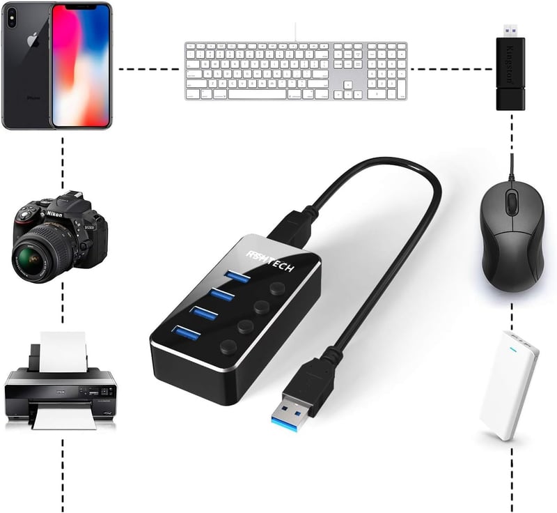 RSHTECH USB 3.0 Hub 4 portos, kapcsolókkal és tápegységgel