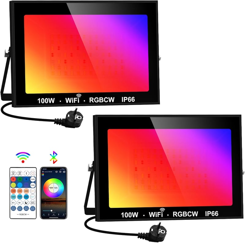 2 db RGB LED Kültéri Reflektor 100W - WiFi/Bluetooth Vezérlés, IP66 Vízálló, 16 Millió Szín, Zenére Változó Fények Partikhoz, Karácsonyra