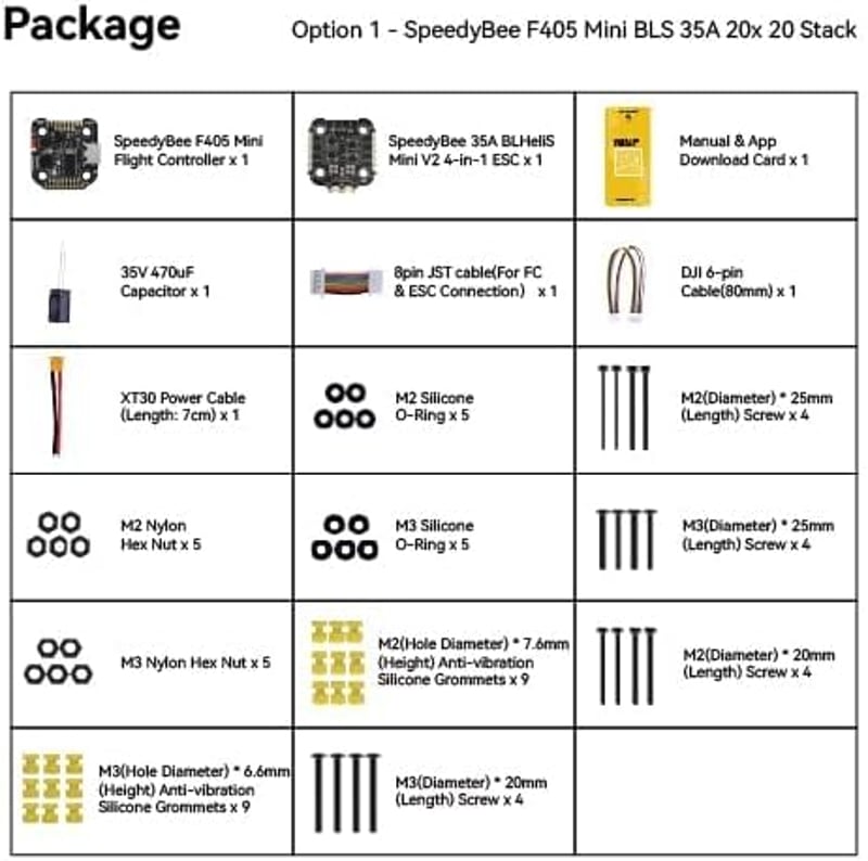 SpeedyBee F405 Mini repülésvezérlő stack: Bluetooth, 35A ESC, 20x20mm, 3-6S