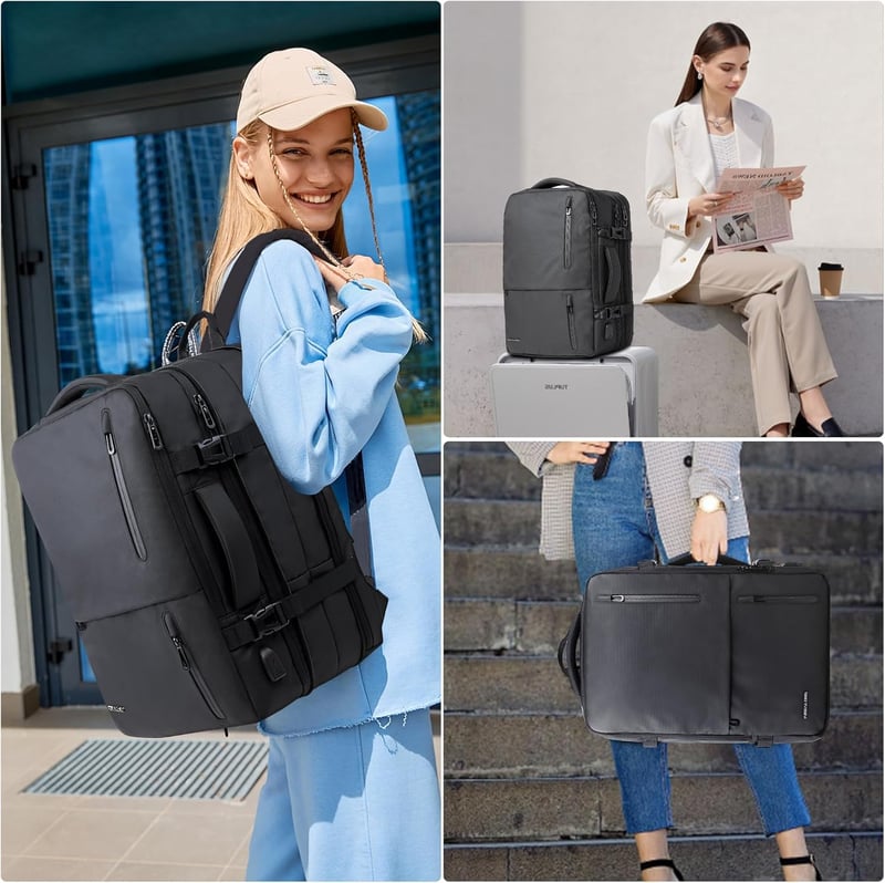 KINGSLONG 40L Kézipoggyász Hátizsák 19" Laptophoz - Bővíthető Vízlepergető Utazótáska USB Töltőporttal és 20L Vákuumtasakkal - Black - 46l - Pump Not Included
