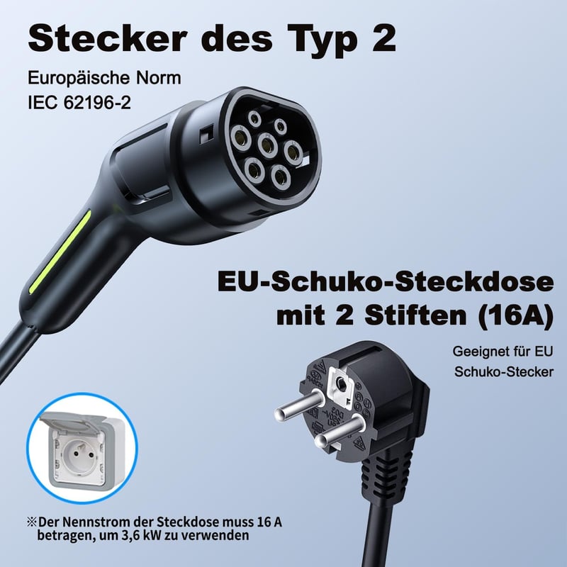 VDLPOWEREU Type 2 Elektromos Autó Töltőkábel 3,6 kW, 5m, LED Kijelzővel, 6A-16A Állítható, Hordozható, IP65 Vízálló, EU Schuko Csatlakozó