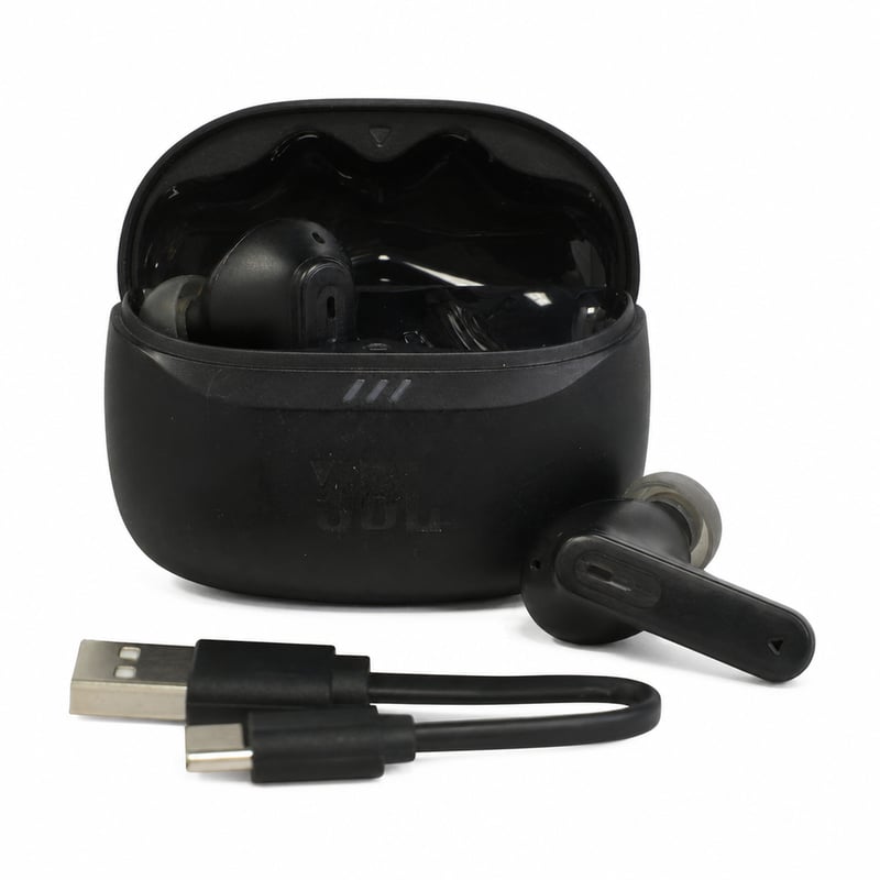 Bezdrôtové Bluetooth slúchadlá JBL Tune Beam 2 s potlačením hluku, IP54, 48 – chybné, na súčiastky: nezapínajú sa (stav: pozri 2. obrázok)