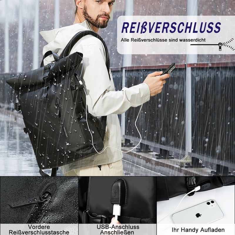 hk Rolltop Vízálló Hátizsák 27L - 15,6" Laptoptartóval, USB Porttal - Könnyű, Lopásbiztos Utazó/Iskolatáska Férfiaknak és Nőknek - Fekete