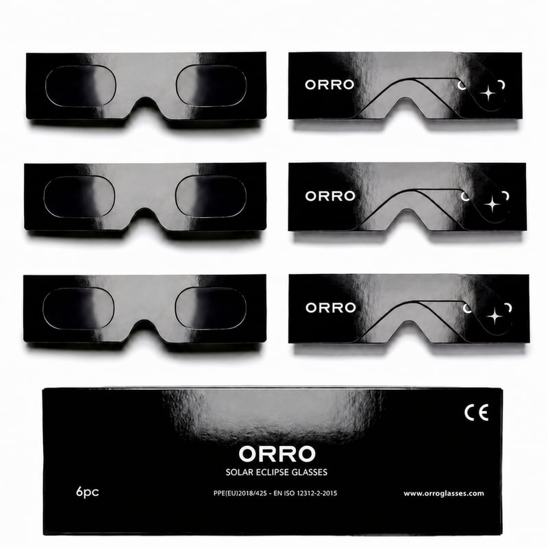 Ochelari pentru Eclipsă Solară ORRO 45 mm – Pachet de 6 bucăți, Negru, Se pot purta peste ochelarii de vedere, Certificare CE, EN ISO 12312-2:2015