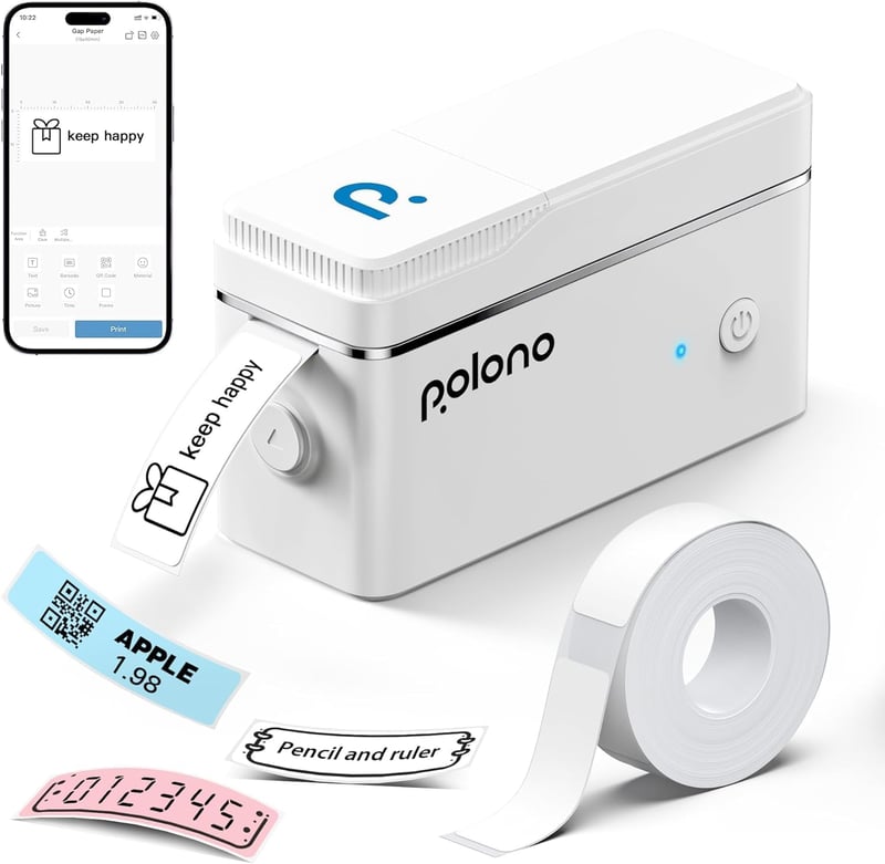 POLONO P31s Bluetooth Címkenyomtató - Hordozható Öntapadós Címkéző iOS/Android, Fehér