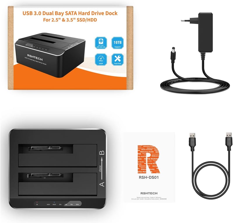 RSHTECH USB 3.0 Alumínium HDD/SSD Dokkoló - 2 Férőhelyes, Klónozó, 2x16TB