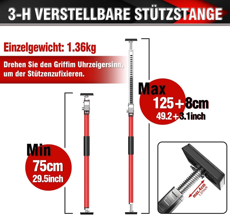 Bară de tensionare reglabilă 3-H 75-133 cm, bară de susținere telescopică de până la 50 kg, bară de tensionare din oțel, roșie