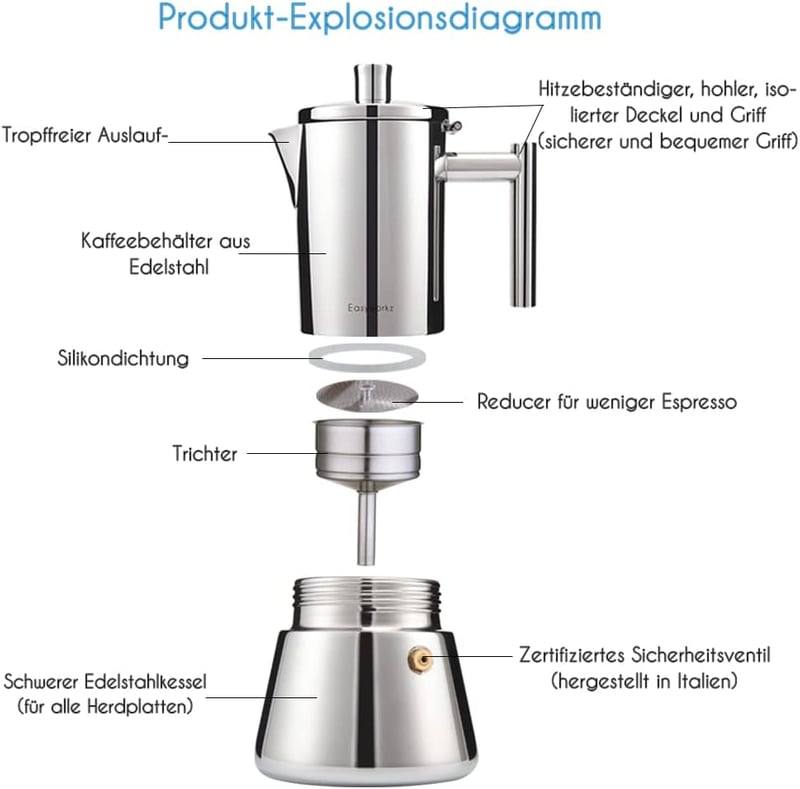 Easyworkz Diego Kotyogós Kávéfőző, Rozsdamentes Acél Olasz Moka Kanna, 6 Csészés 300ml Eszpresszó Főző Indukciós Főzőlaphoz