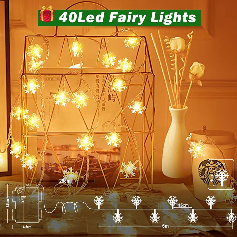 cshare LED Hópehely Fényfüzér - 6m, 40 LED, Elemes, Időzítővel, IP65 Vízálló, Meleg Fehér Dekoráció Kertbe, Kempinghez, Karácsonyra, Beltérr