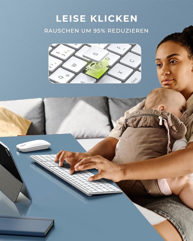 seenda Fém Bluetooth Billentyűzet és Egér Szett - Újratölthető Kettős Módú USB/BT Vezeték Nélküli QWERTZ Billentyűzet PC/Tablet/MacOS Eszköz