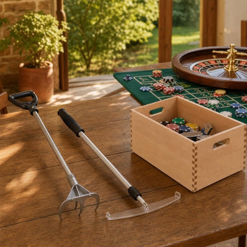 Set colectare jetoane ruletă: greblă telescopică + greblă grădină + greblă manuală 3 dinți + ladă depozitare