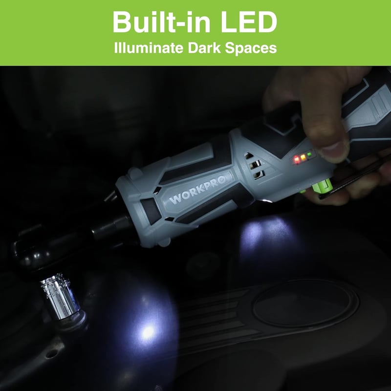 WORKPRO Elektromos Racsnis Kulcs Készlet, 12V, 55 Nm, 3/8" Méretű, LED Világítással, 2.0 Ah Akkumulátorral, 9 Dugókulccsal és Táskával