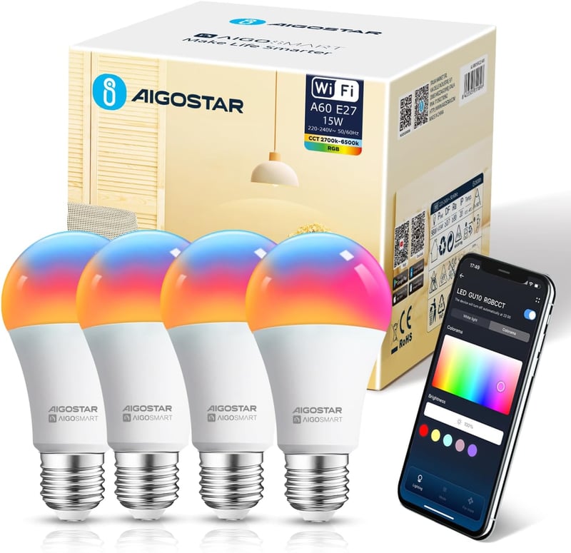 Aigostar Alexa WiFi okosizzó E27 15W RGB, Alexa/Google Home kompatibilis, 4 db