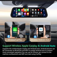 Podofo 9.66" Tükör Menetrögzítő Kamera - Vezeték Nélküli Apple CarPlay, Android Auto, Dupla 1080P HD Kamera, IPS Érintőképernyő, Bluetooth,  2
