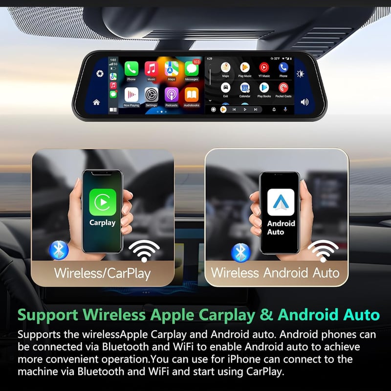 Podofo 9.66" Tükör Menetrögzítő Kamera - Vezeték Nélküli Apple CarPlay, Android Auto, Dupla 1080P HD Kamera, IPS Érintőképernyő, Bluetooth, 