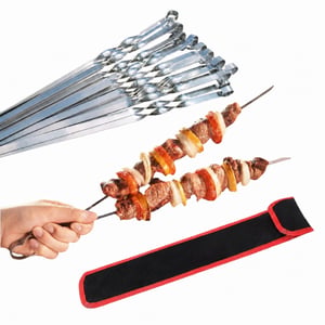 GMMH Profi BBQ Nerezové grilovacie ihly 19 ks – dĺžka 50 cm, šírka 1 cm, hrúbka 2 mm – Súprava na mäso, kebab a šašlík (použité, neúplné)