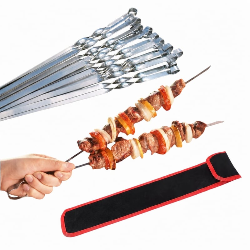 GMMH Profi BBQ Nerezové grilovacie ihly 19 ks – dĺžka 50 cm, šírka 1 cm, hrúbka 2 mm – Súprava na mäso, kebab a šašlík (použité, neúplné)