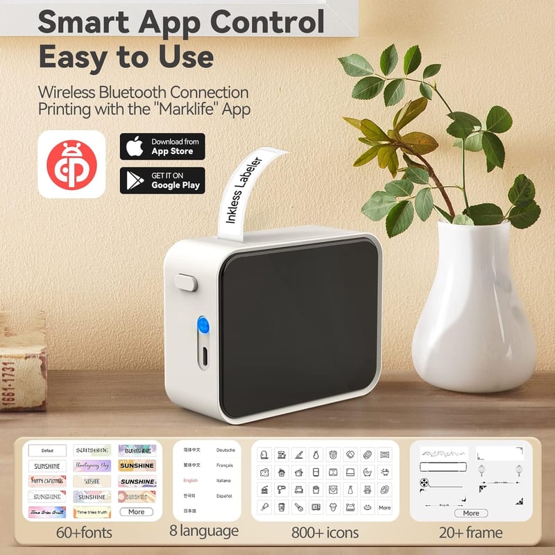 Pristar P15 Bluetooth Címkenyomtató, Hordozható Újratölthető Címkéző Készülék iOS Android Telefonokhoz, Fehér