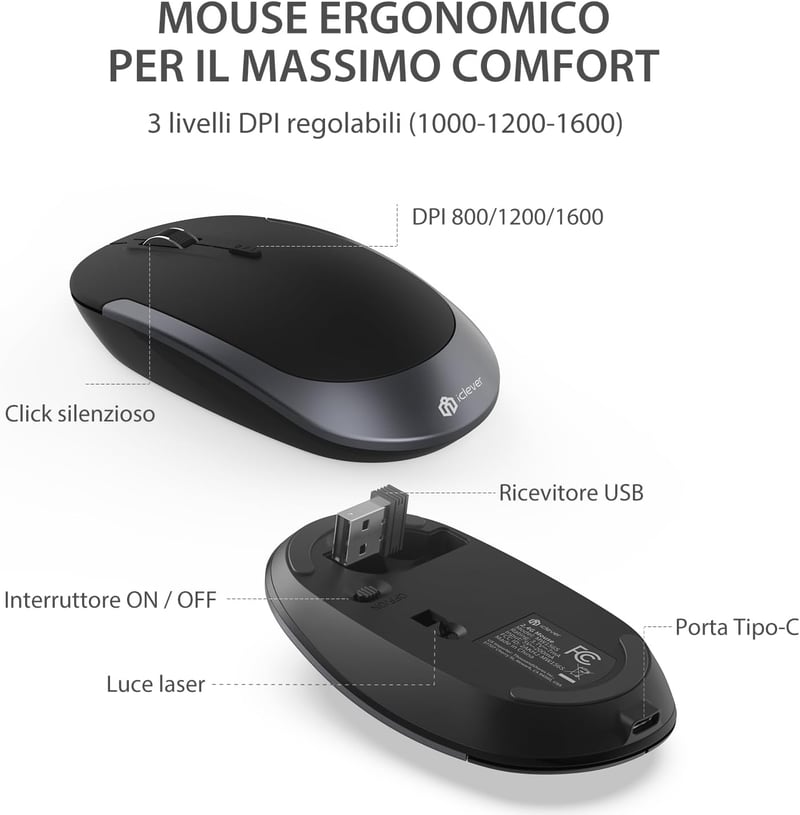 iClever vezeték nélküli billentyűzet és egér szett - ergonomikus, újratölthető, állítható DPI