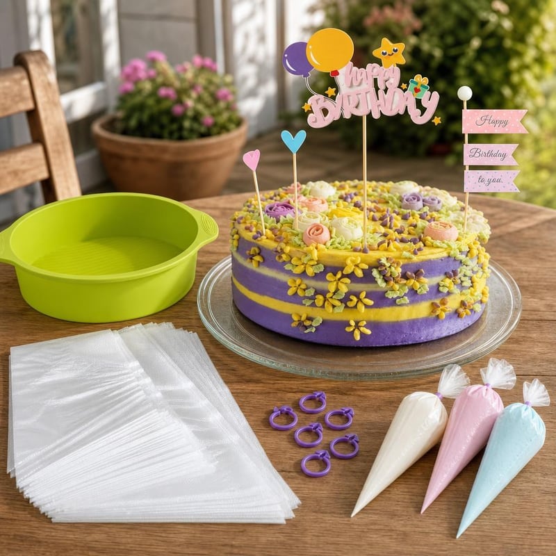 Tortavarázs szülinapi csomag: 28 cm-es tortaforma + 100 db habzsák + mikrohullámú forgótányér + Happy