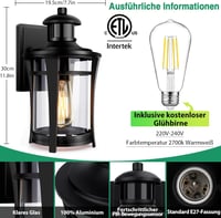 Lamomo Kültéri Fali Lámpa Mozgásérzékelővel - 3 Világítási Mód, Vízálló LED Lámpatest, 100 Lumen, E27 Foglalat, Klasszikus Dizájn, Alumínium 5