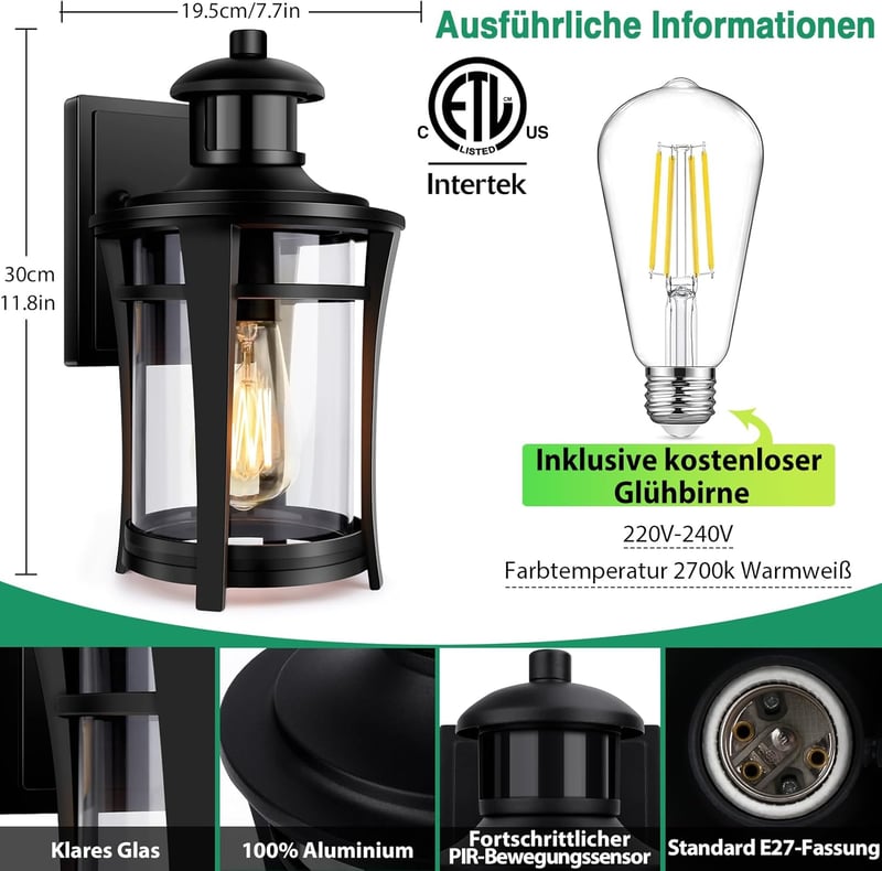 Lamomo Kültéri Fali Lámpa Mozgásérzékelővel - 3 Világítási Mód, Vízálló LED Lámpatest, 100 Lumen, E27 Foglalat, Klasszikus Dizájn, Alumínium