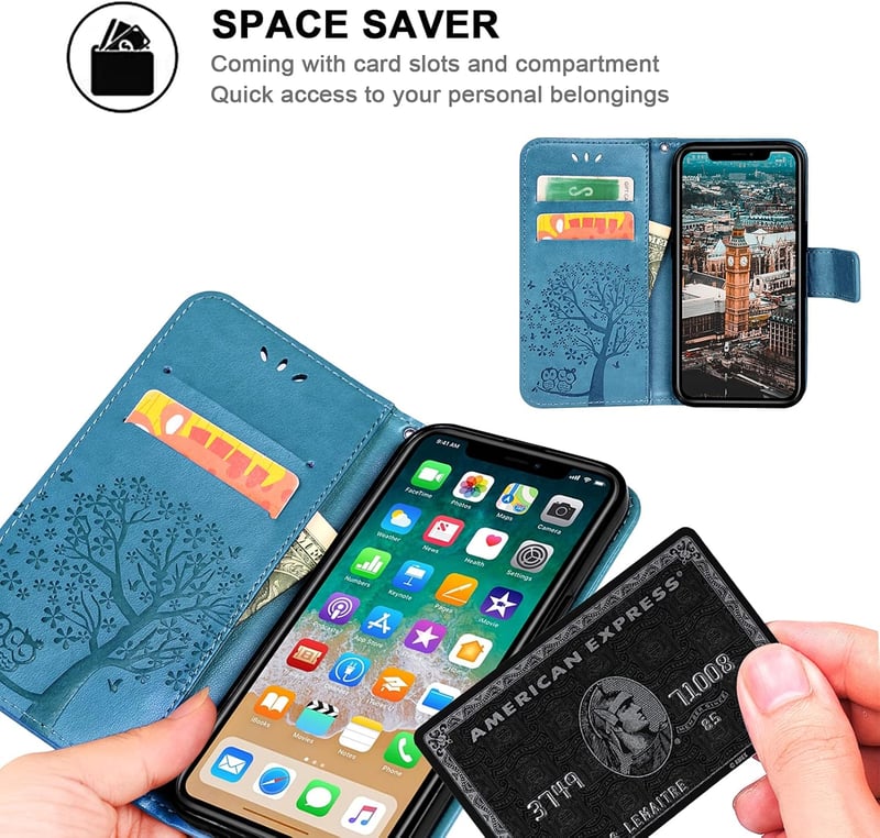 iPhone 13 Pro Max Baglyos Bőr Pénztárcatáska Kártyatartóval, Kék