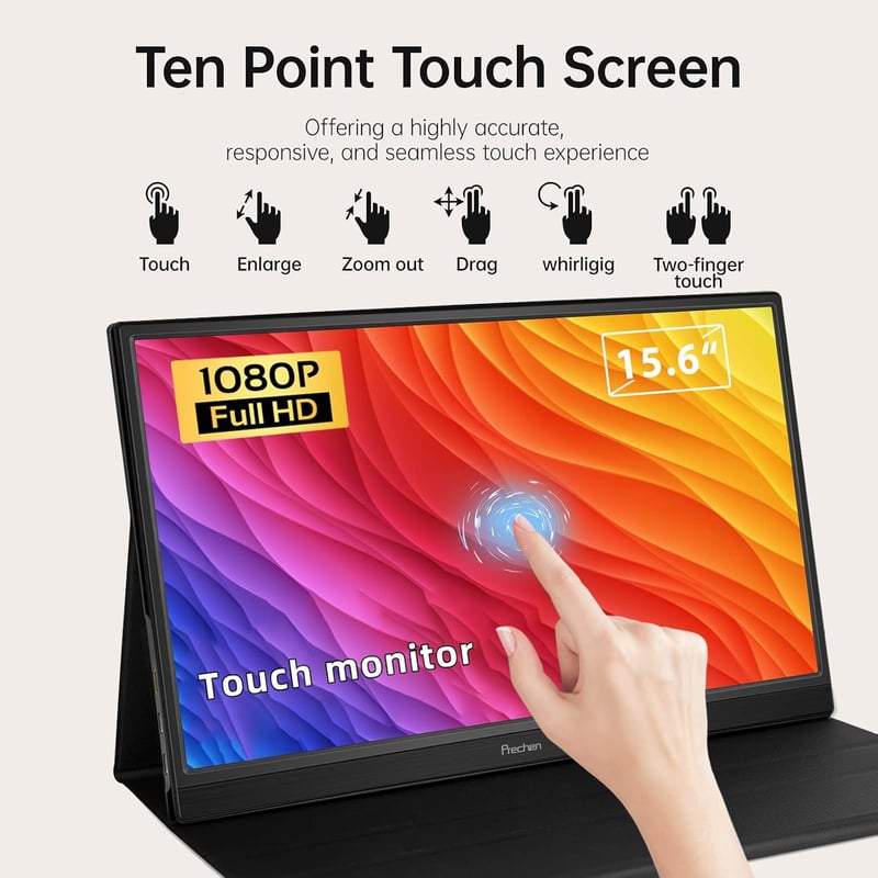 WIMAXIT 15,6" FHD Érintőképernyős Hordozható Monitor USB-C/HDMI Csatlakozással, Beépített Hangszórókkal