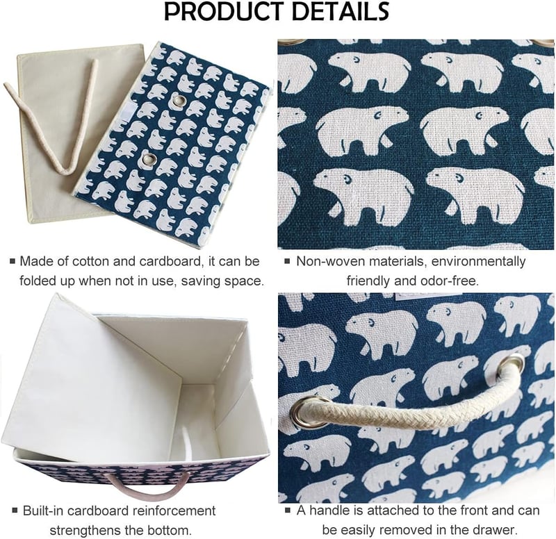 Cutie de depozitare pliabilă Fcalvy cu capac - Cutie de jucării cu model Urs Polar pentru copii, pentru haine - Material bumbac, 38x25x25 cm