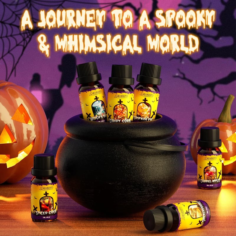 Salubrito Halloween Illóolaj Készlet - 6 Őszi Aroma Diffúzorba: Tökös Süti, Fűszeres Almabor, Karamellás Alma, Csemege Kukorica, Boszorkány 