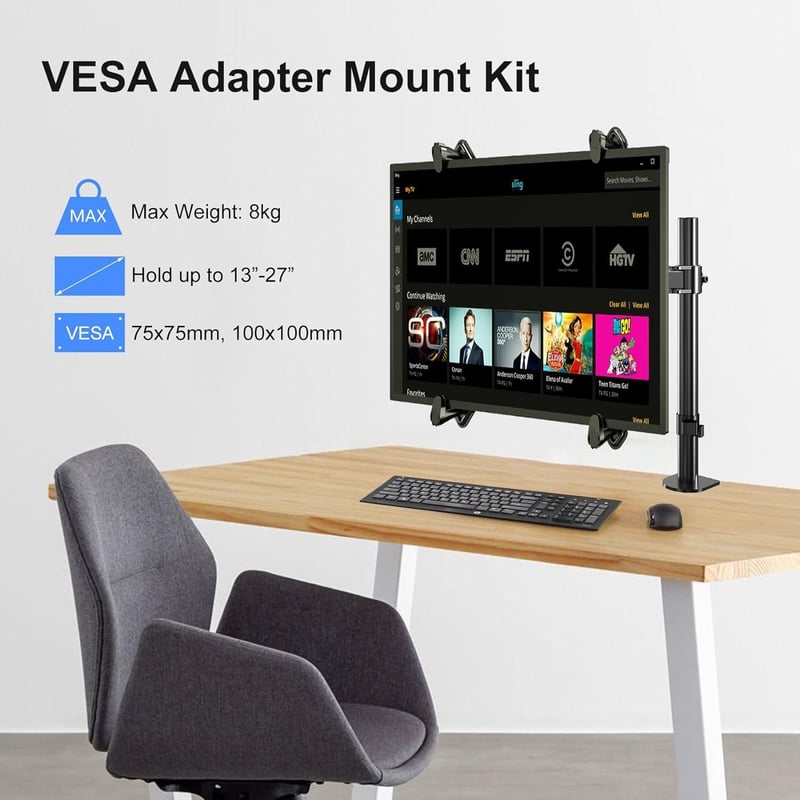 Suptek Univerzális VESA Adapter Monitortartóhoz - 13-27" Képernyőkhöz, 75x75/100x100mm, 8kg Teherbírás, Fekete Acél Keret